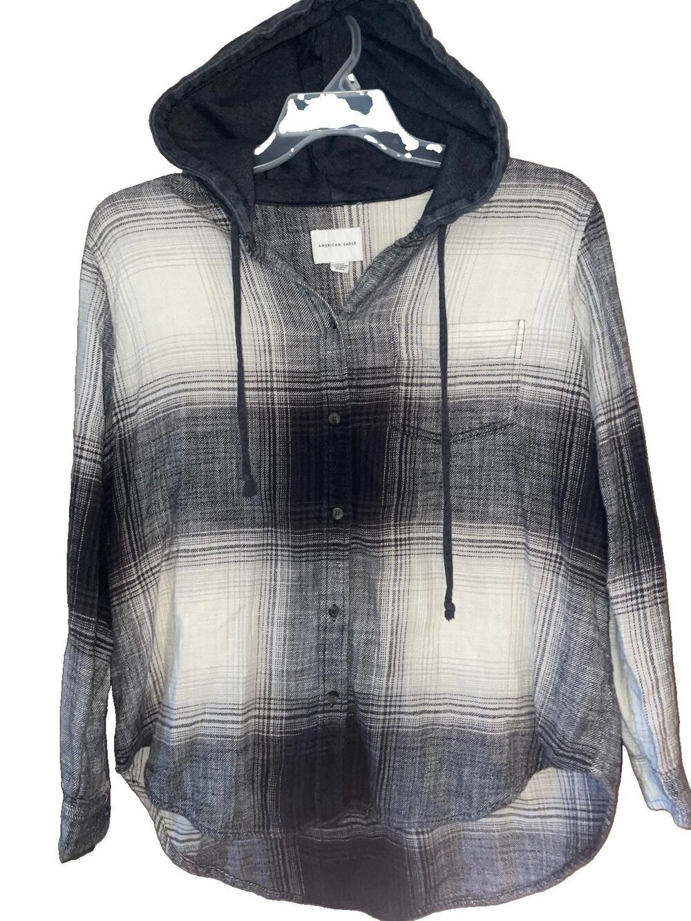 American Eagle Hooded Flannel Plaid Button Up Shirt, Gray Sz M 100% Cotton